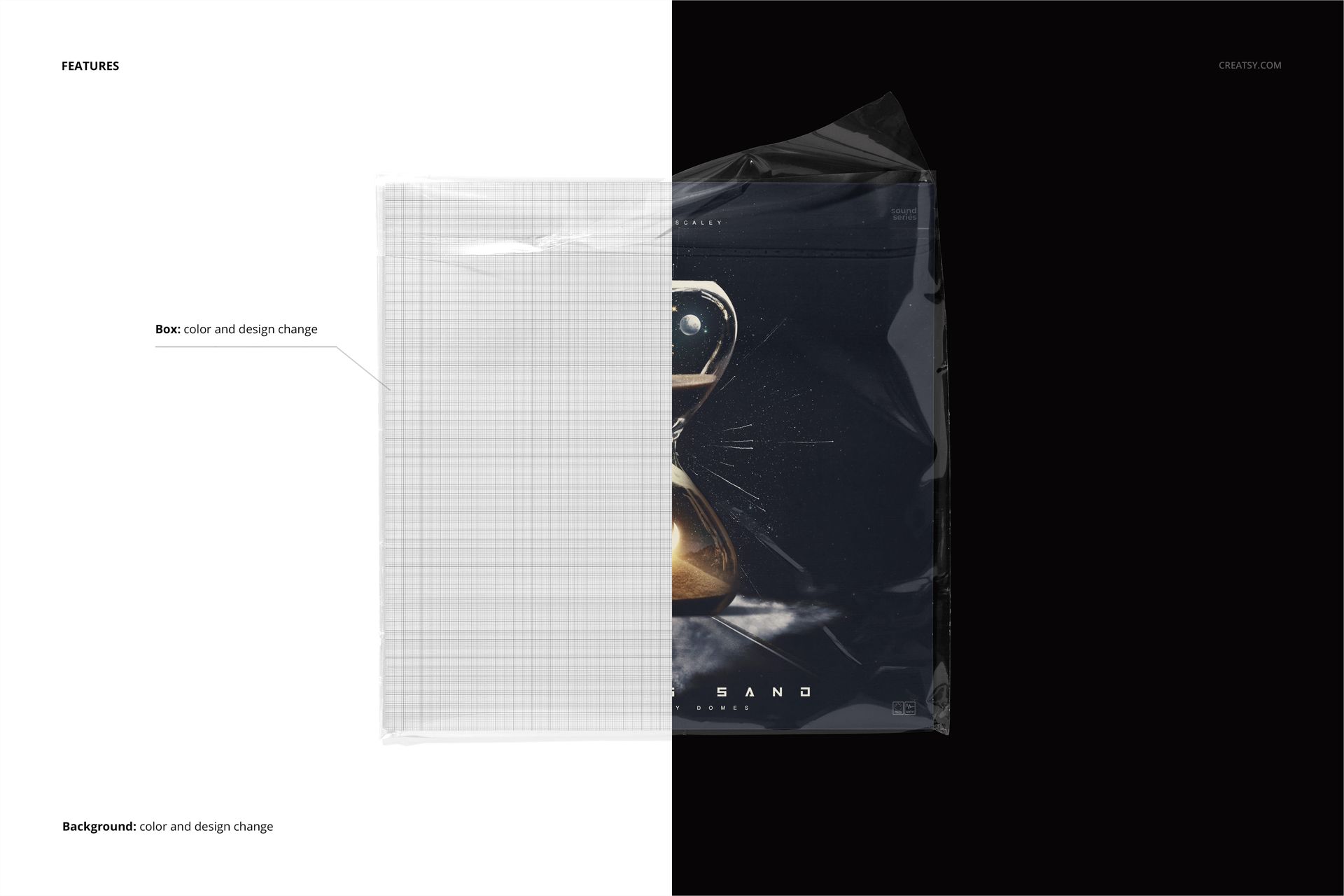 Front view of a wrapped vinyl cover mockup, half showing a transparent grid overlay and half displaying a dark design.