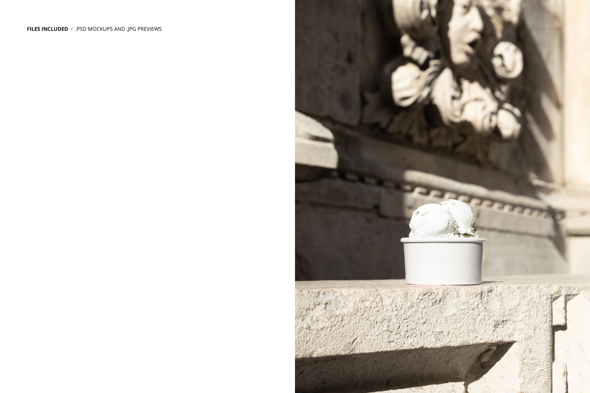 White paper ice cream cup mockup with two scoops of vanilla ice cream on a stone ledge outdoors in sunlight.