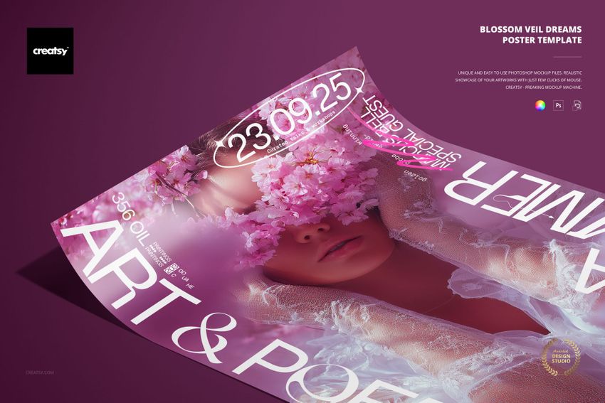 Curved poster mockup displaying a portrait of a woman with pink blossoms, shown on a solid purple surface.