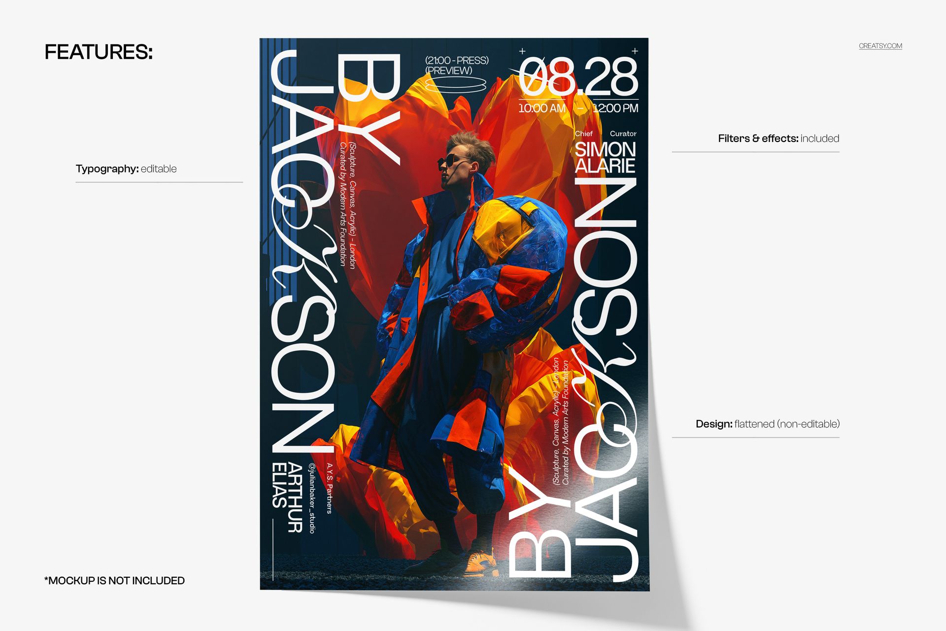 PSD mockup of a poster with vibrant blue, orange, and red patterns, modern text layout, and artistic background.