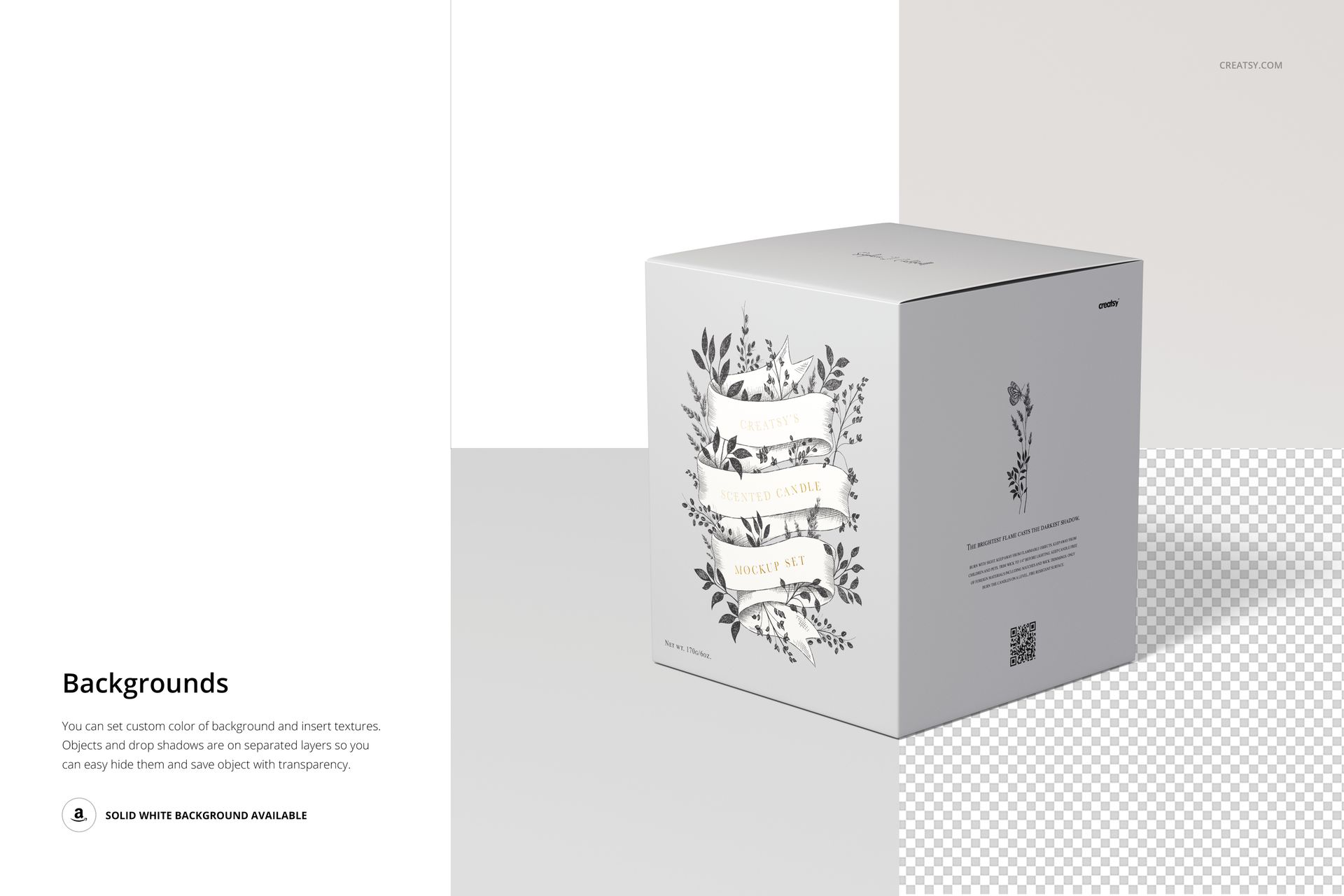 Square candle box mockup with floral artwork, shown in a three-quarter view on a light gray and white background.
