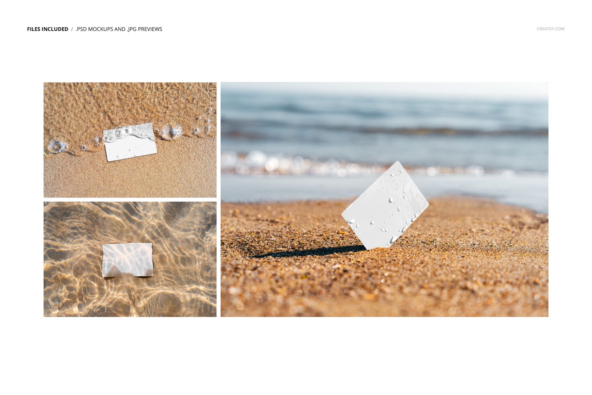 Business card mockup displayed on sandy beach, with water and seashells nearby, shown from various angles.