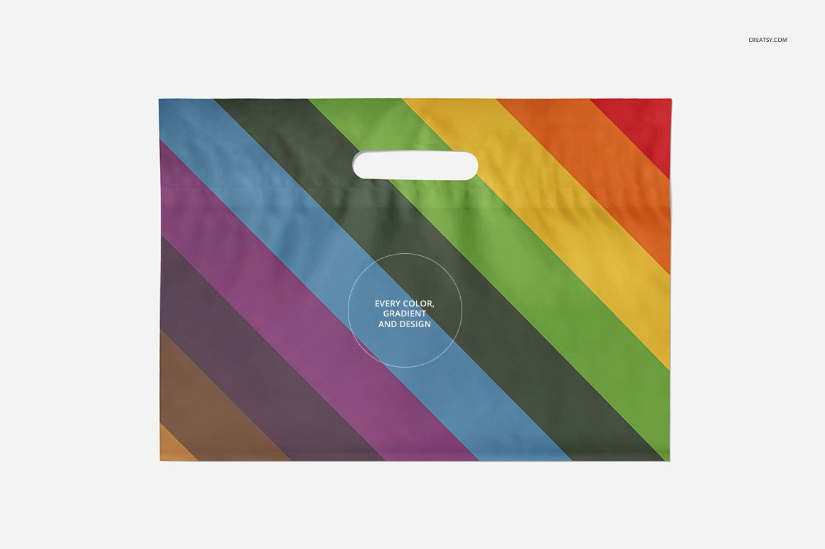 Colorful plastic bag mockup shown from the front, decorated with diagonal rainbow stripes and a central circle.