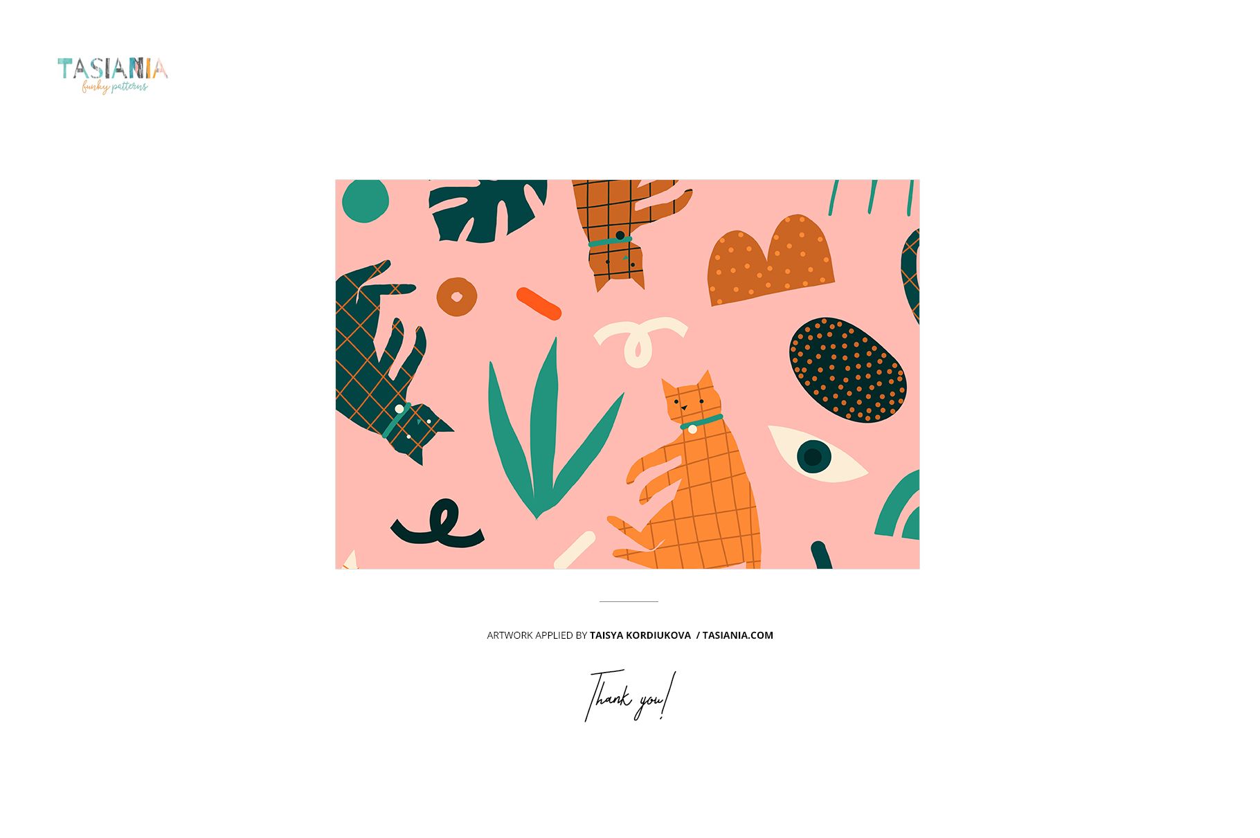 Rectangular pet bandana mockup with playful cat and abstract shapes pattern in orange, green, and black on a pink background, front view.