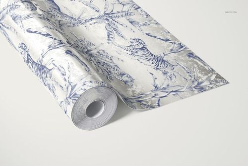 Blue and white patterned wallpaper roll with botanical and tiger motifs, displayed in a mockup on a light background.