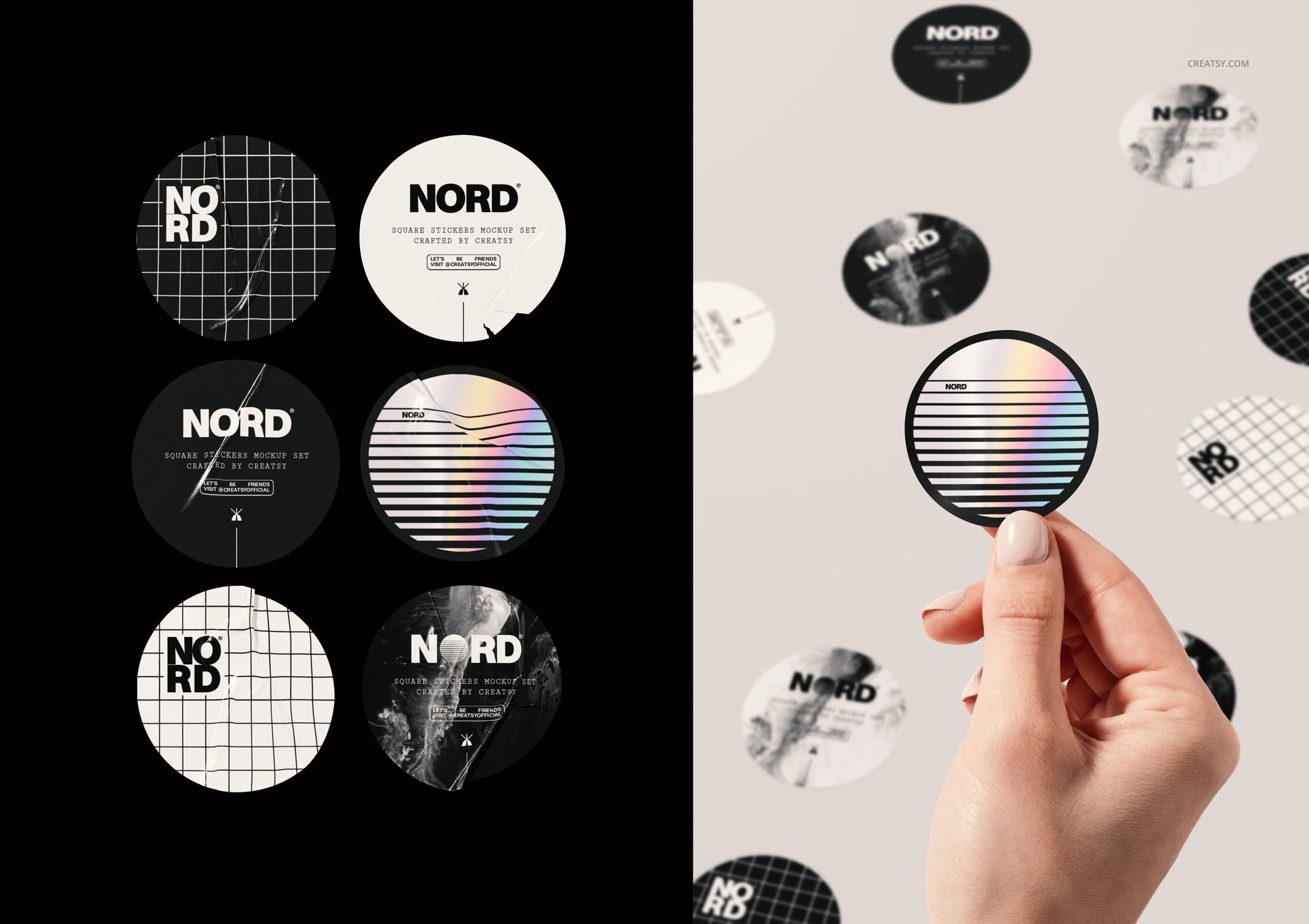 Round stickers mockup set featuring black, white, and holographic designs shown on contrasting backgrounds.