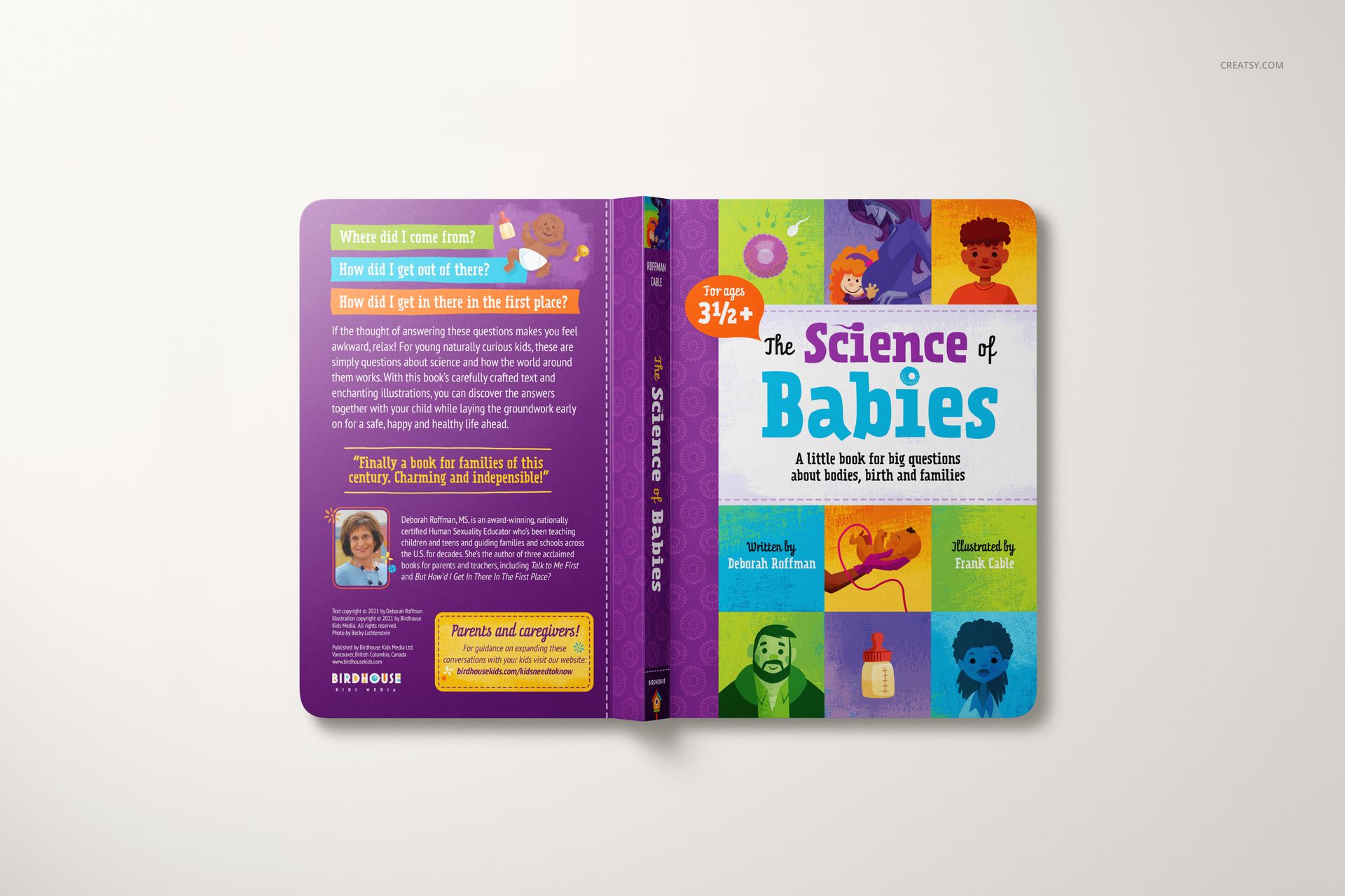 Open board book mockup with colorful illustrated cover and spine, shown from a top-down perspective on a light background.