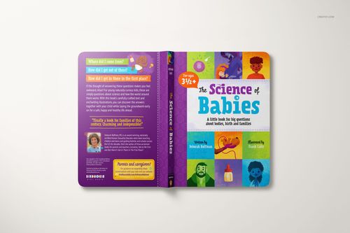Open board book mockup with colorful illustrated cover and spine, shown from a top-down perspective on a light background.