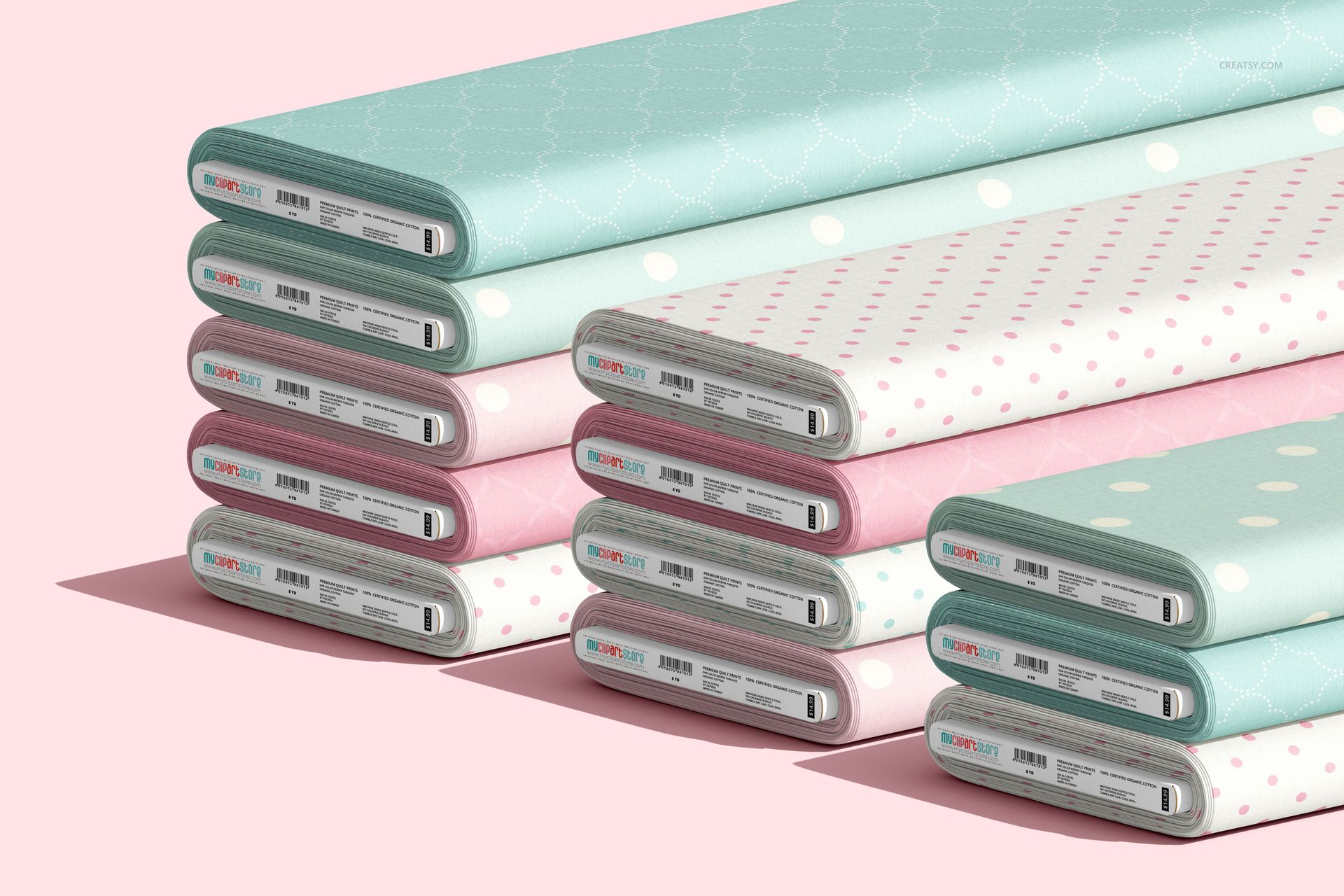 Fabric bolts builder PSD mockup set showing cotton and jersey fabrics in soft tones and minimal designs from a side view.