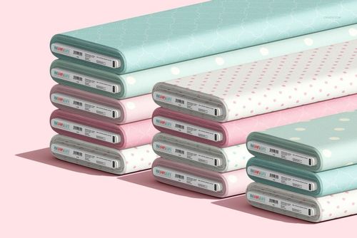 Fabric bolts builder PSD mockup set showing cotton and jersey fabrics in soft tones and minimal designs from a side view.