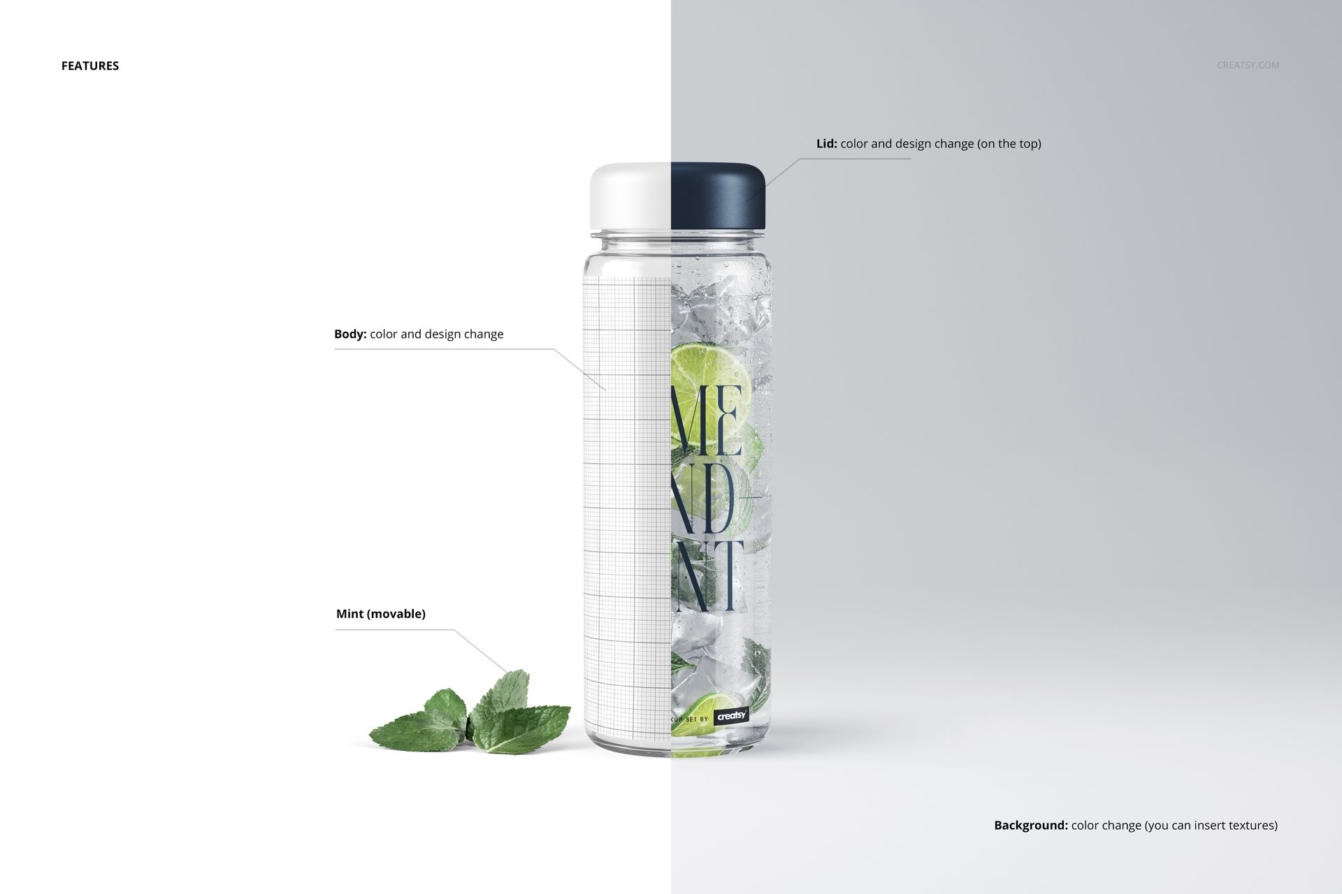 Transparent water bottle mockup featuring customizable lid colors, ice cubes, lime slices, and mint leaves on dual-tone backdrop.