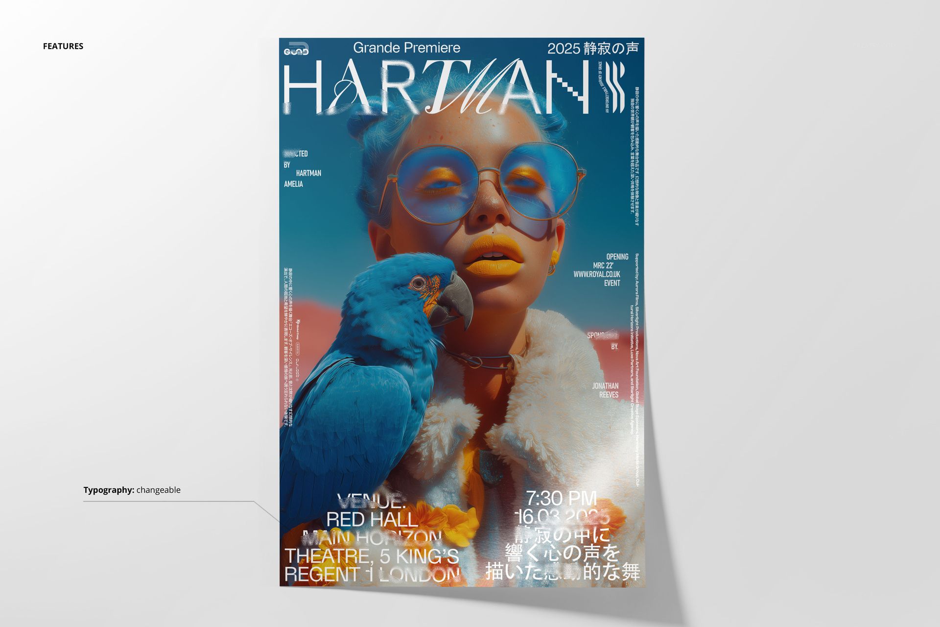 Poster mockup featuring a colorful blue and orange background, large headline text, and venue information in white.