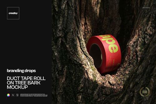 PSD mockup featuring a duct tape roll with bold yellow lettering placed on rough, detailed tree bark.