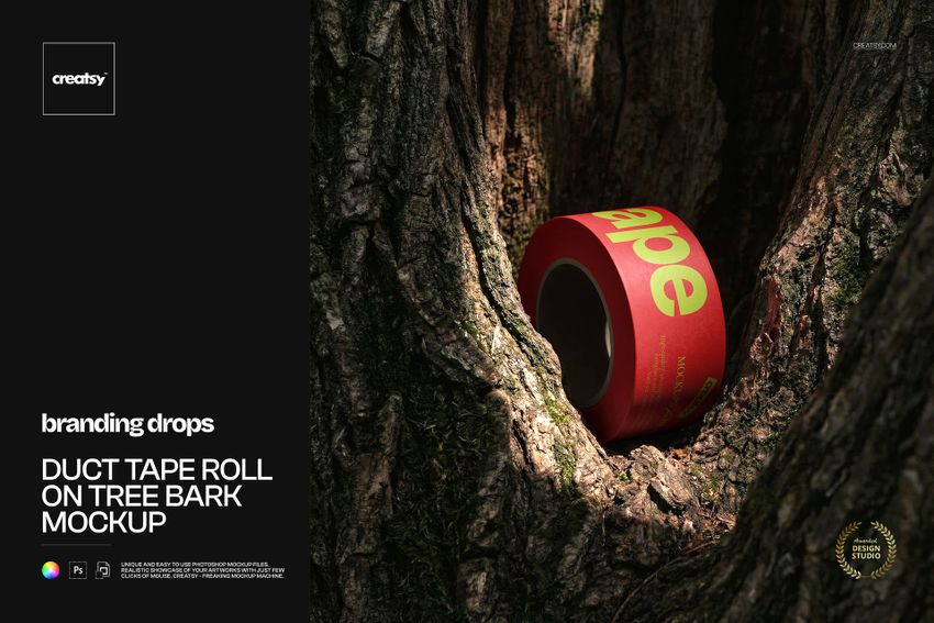 PSD mockup featuring a duct tape roll with bold yellow lettering placed on rough, detailed tree bark.