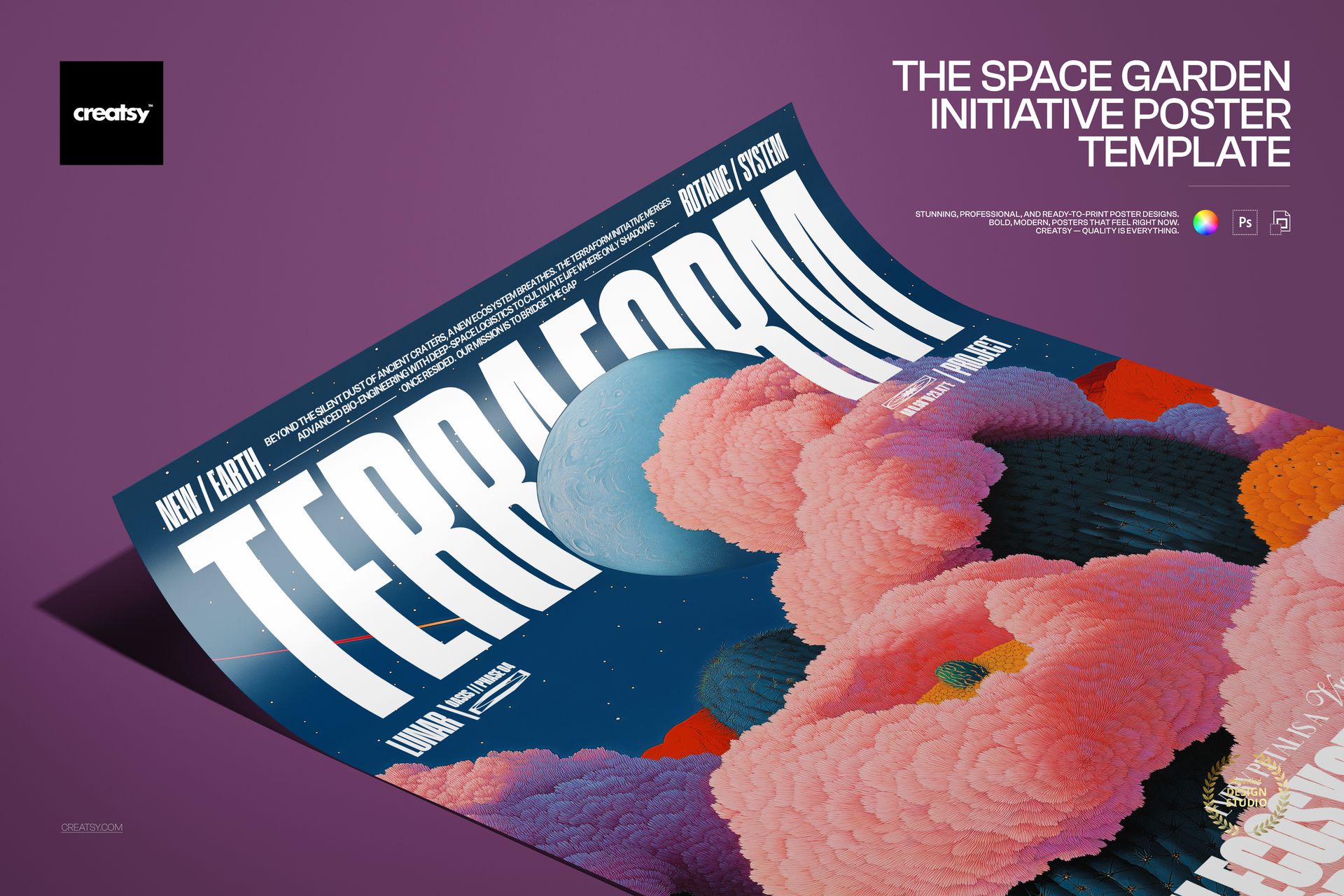 PSD mockup of a vertical poster with vibrant floral artwork, a blue planet, and modern typography on a purple surface.