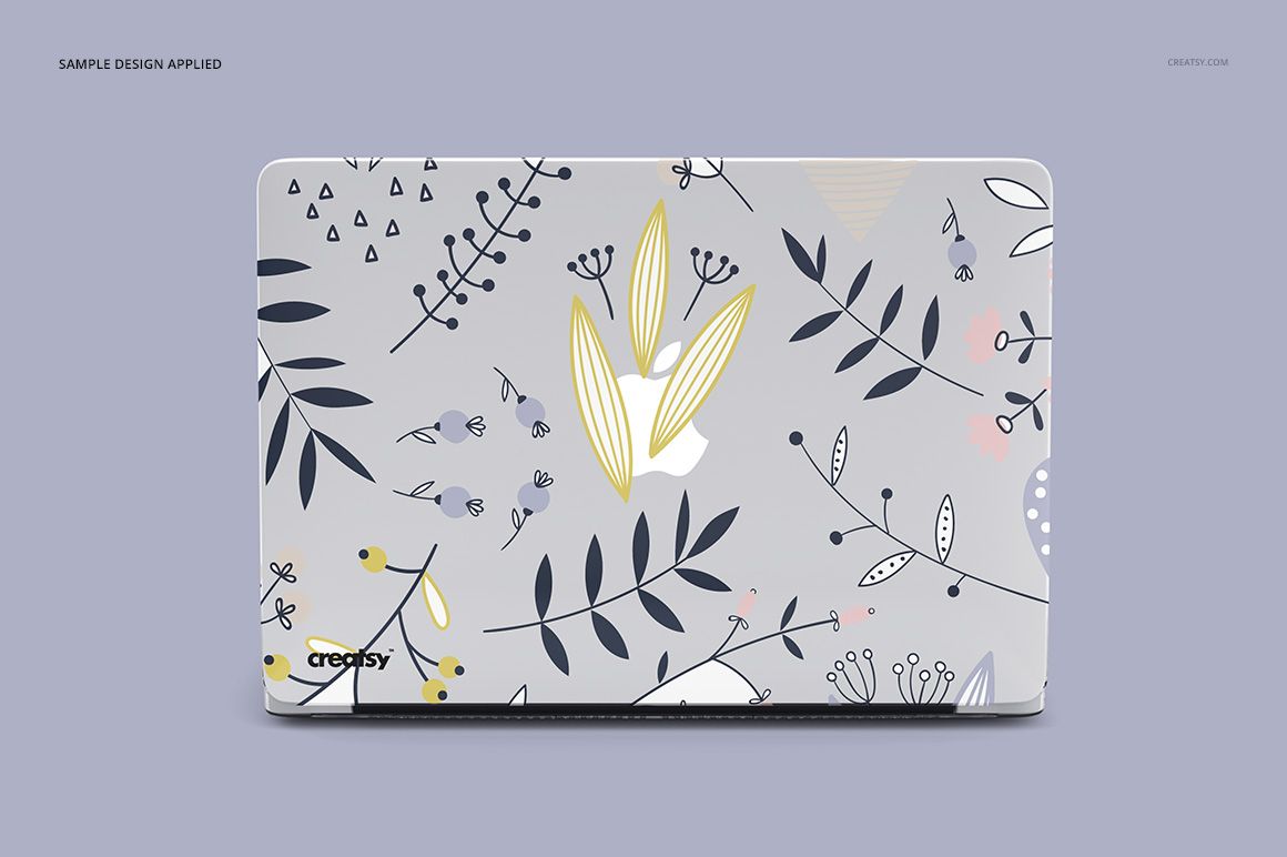 Front view of a Macbook clear case mockup with a floral and leaf design on a light gray background, set against a plain backdrop.