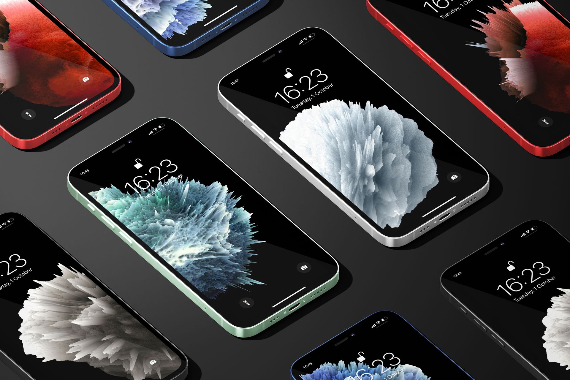 iPhone 12 Display Mockup Set, red, blue, green, silver and black iPhones laid flat with lock screens on a dark surface