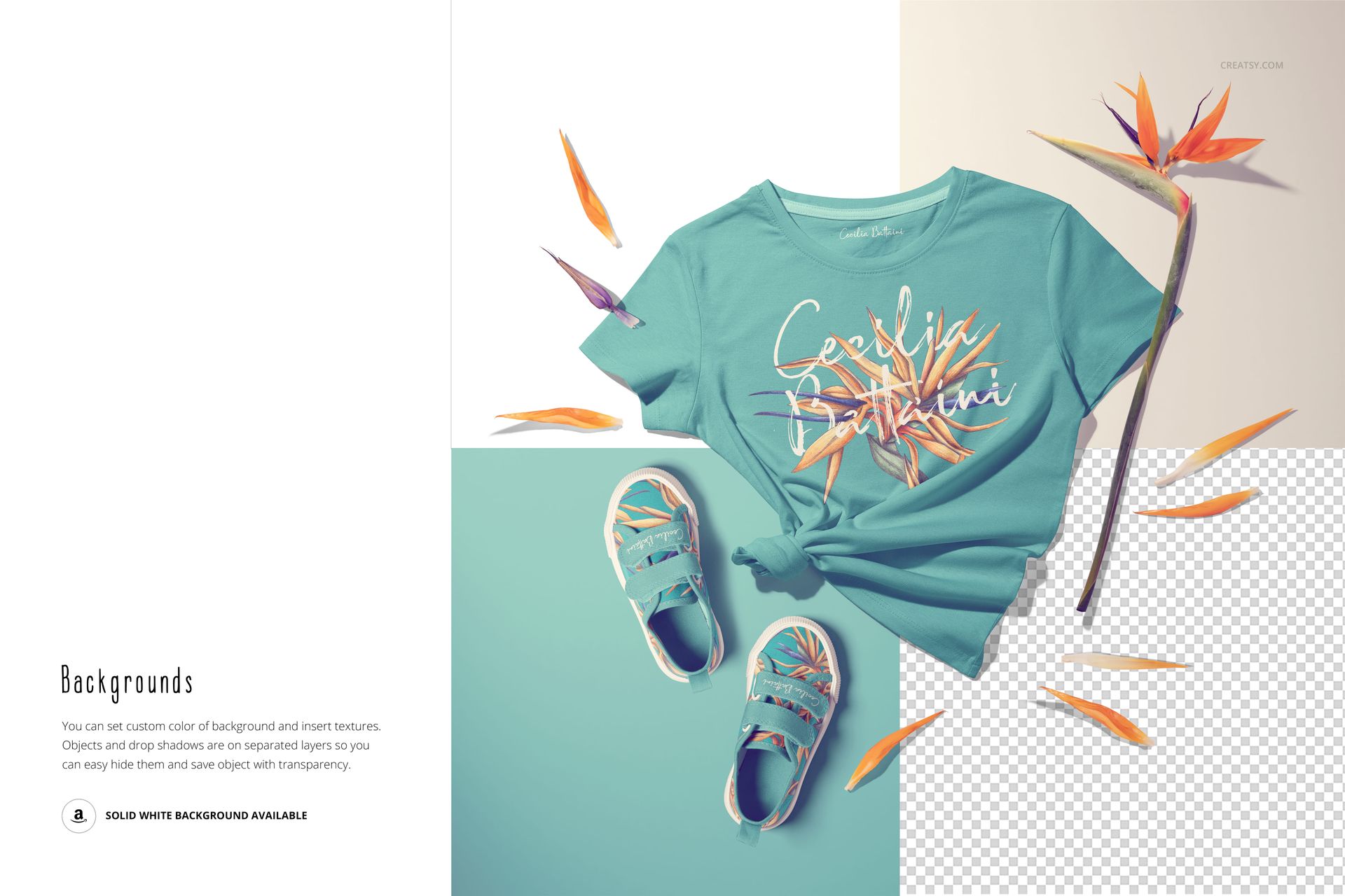 PSD mockup featuring a teal kids T-shirt, matching shoes, and decorative flowers, displayed in a flat lay composition.