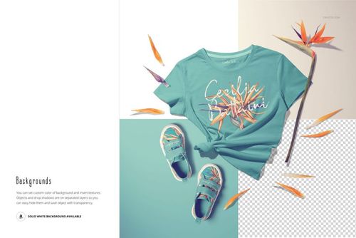 PSD mockup featuring a teal kids T-shirt, matching shoes, and decorative flowers, displayed in a flat lay composition.