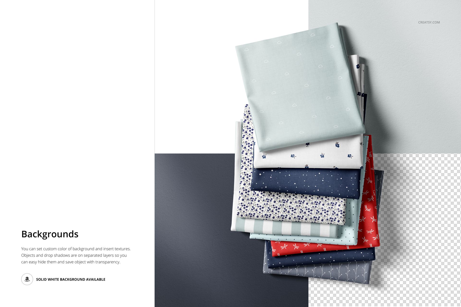 Fabric stack mockup featuring multiple folded textiles in blue, gray, and white tones, viewed from above.