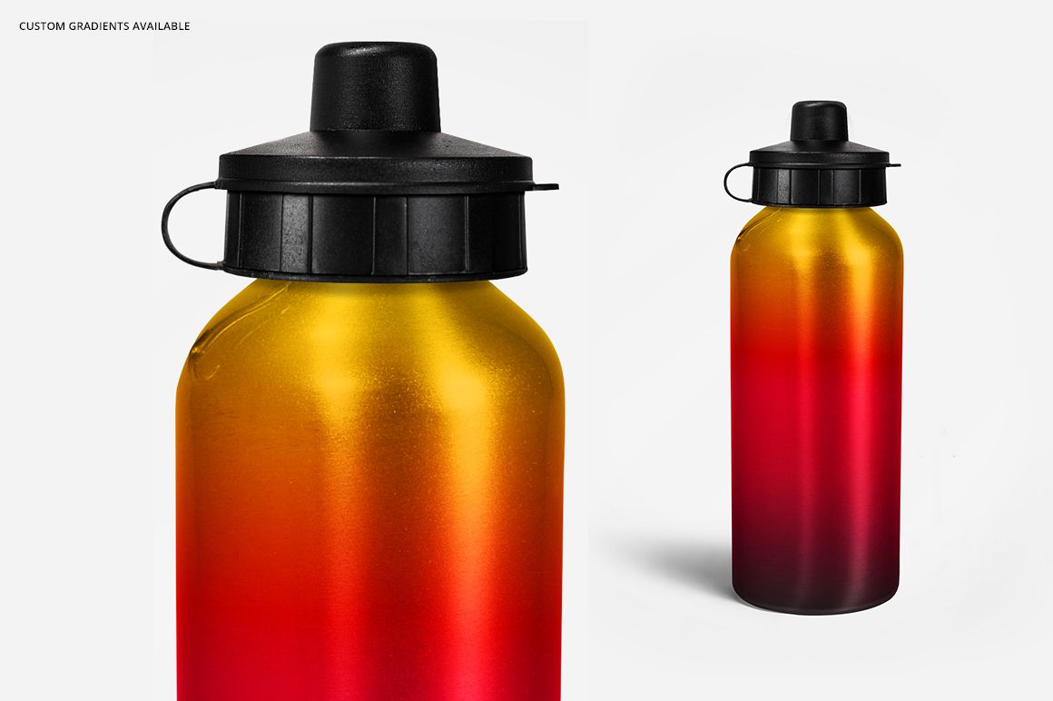 Mockup of an aluminium water bottle displaying a smooth gradient from yellow to deep red, viewed from the front.