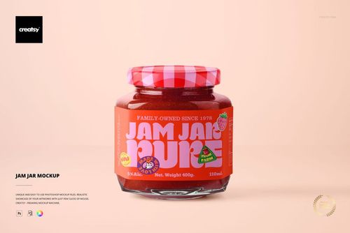 Glass jam jar mockup with a vibrant pink and red label, checkered lid, and strawberry graphics on a pale surface.