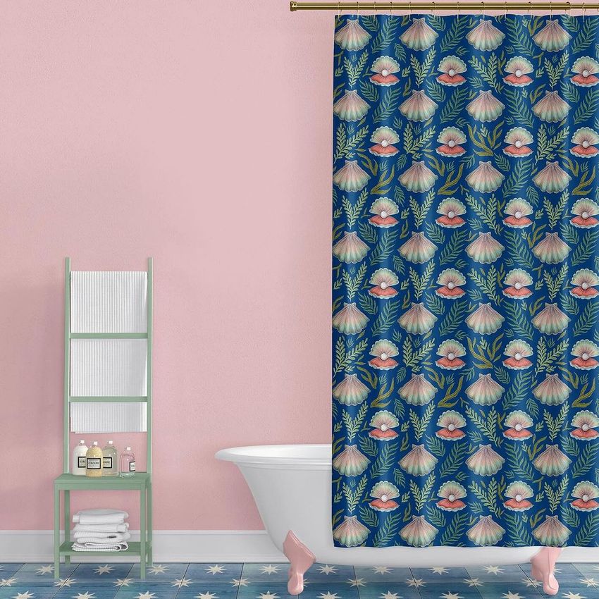 Bathroom scene mockup showing a blue shower curtain with a floral pattern, a white clawfoot tub, and a pastel green ladder shelf.