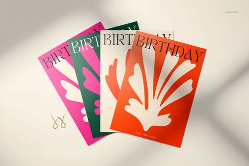 Colorful 5x7 greeting card PSD mockup featuring abstract leaf motifs and birthday text, arranged in a fan layout.