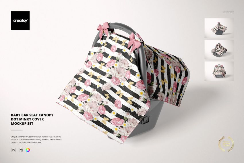 Mockup of a baby car seat canopy cover featuring pink flowers and black stripes, displayed on a gray seat.