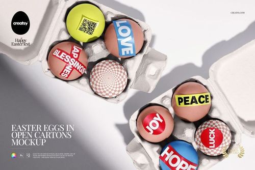 PSD mockup showing Easter eggs arranged in open cartons, decorated with patterns and words, overhead perspective.