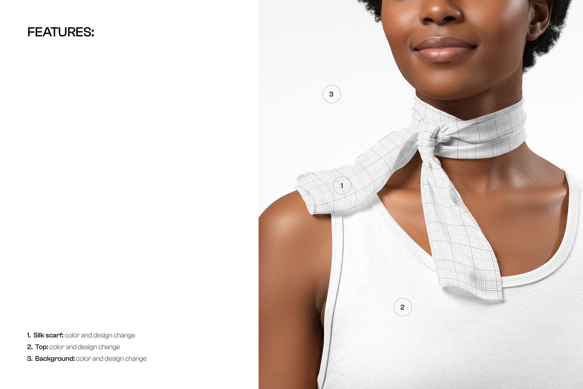 Front view of a model wearing a white chiffon silk scarf with a subtle grid pattern, tied around the neck.
