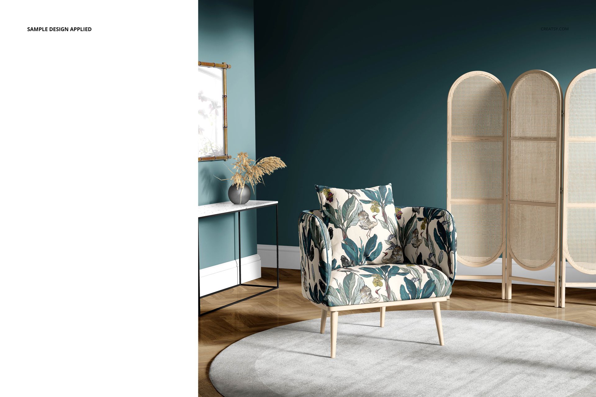 Front view of a floral armchair mockup in a modern room, featuring a decorative screen and console table.