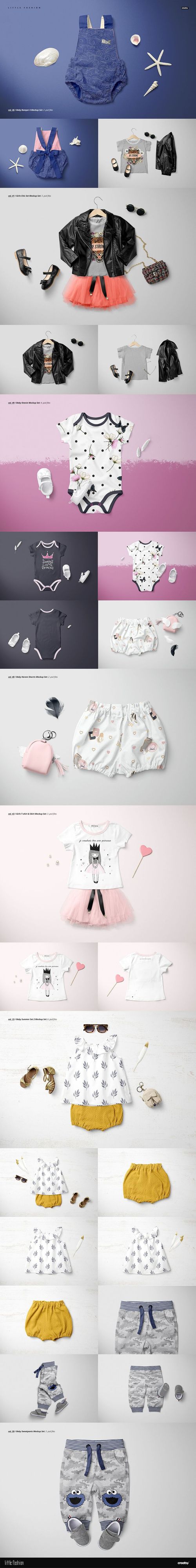 Assorted kids apparel mockup bundle featuring various outfits, shoes, and accessories arranged on flat backgrounds.