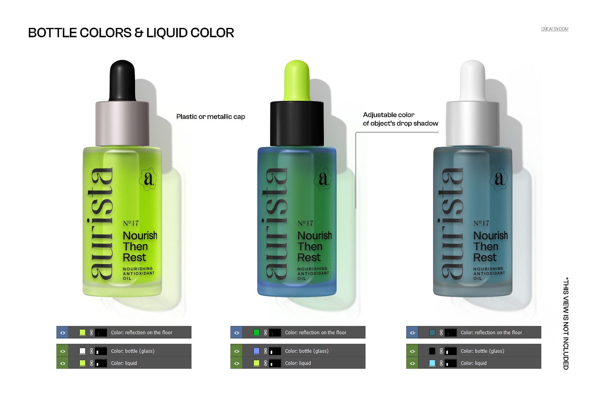 Front view of three stacked dropper bottles mockup in green, blue, and gray tones, each with a metallic cap.