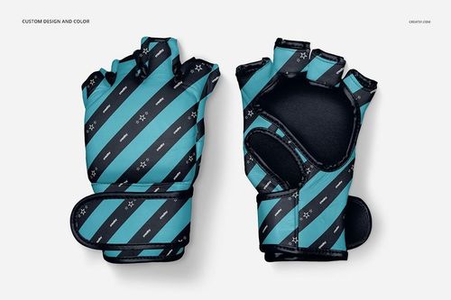 MMA gloves PSD mockup set showing custom striped design in teal and black, positioned flat with visible wrist straps.