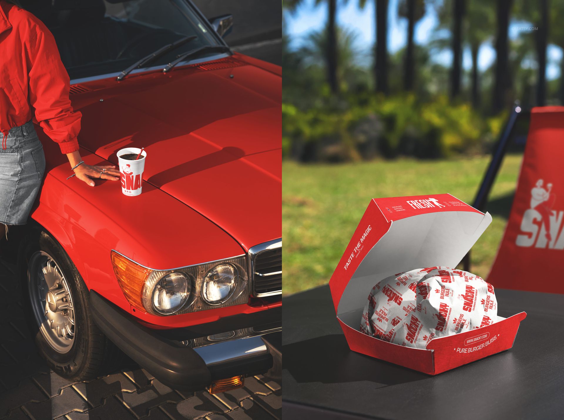 Fast food branding mockup featuring a paper cup on a red car hood and an open burger box outdoors.