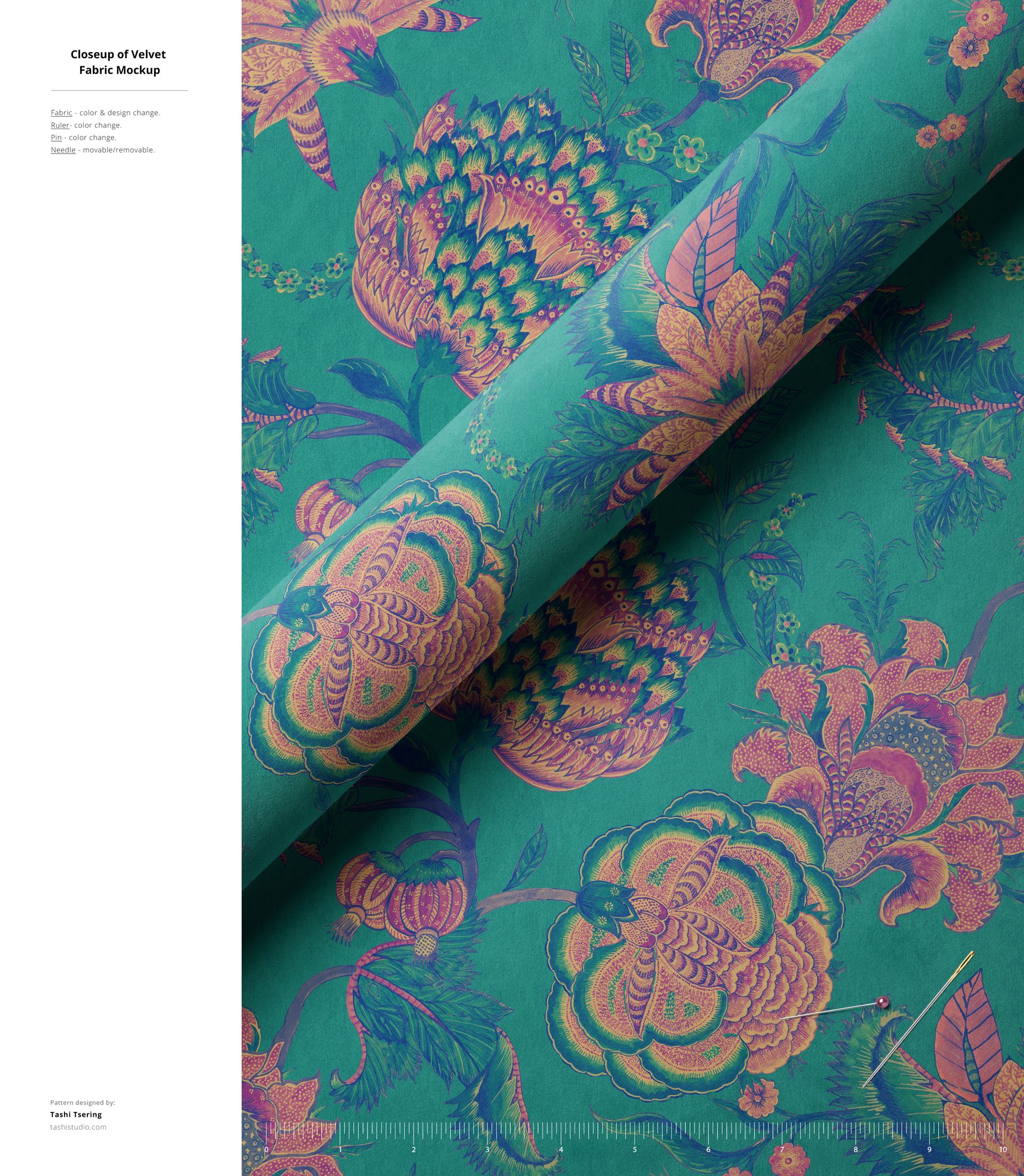 Front view of a fabric mockup featuring a rolled textile with a vibrant floral pattern in pink and orange on green.