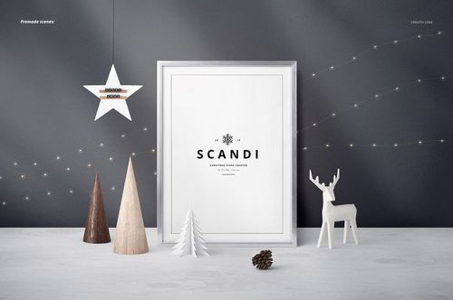 Minimalist Christmas scene with framed artwork mockup, wooden trees, white reindeer figurine, and star ornament on gray background.
