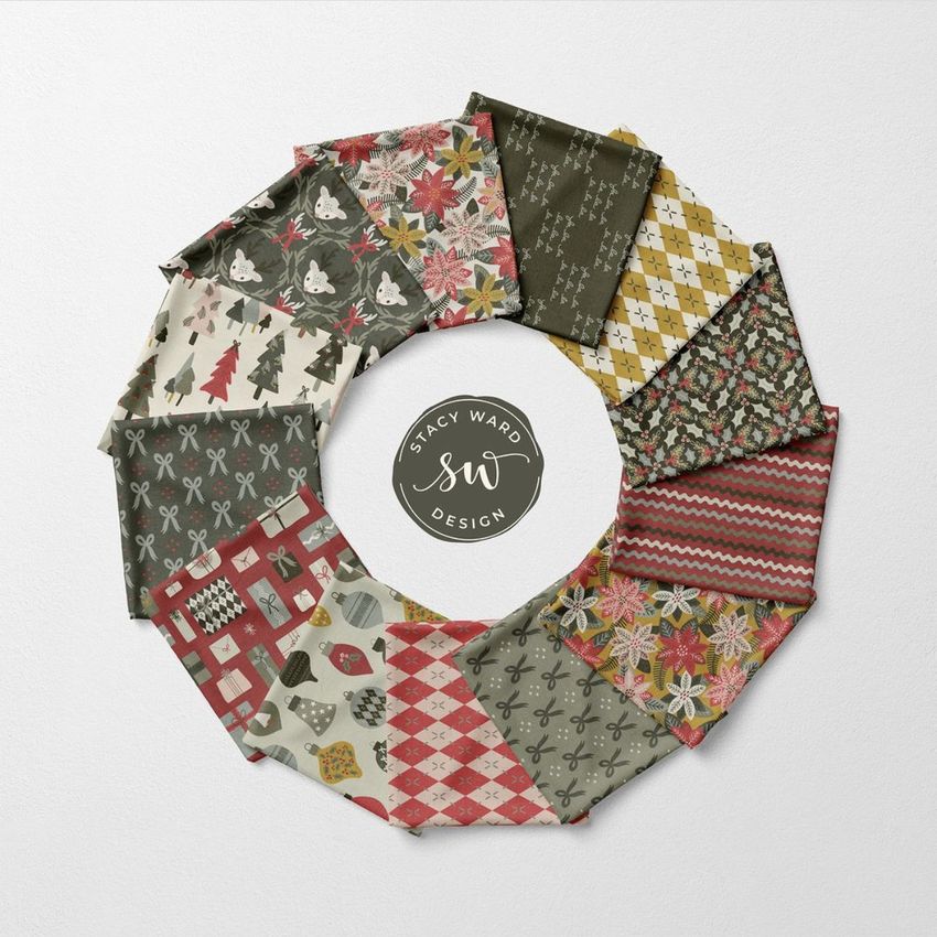 Folded fabrics mockup showing multiple patterned fabric squares arranged in a circular wreath on a light textured surface.