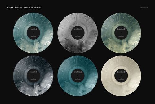 PSD mockup showing six circular vinyl records with swirling marbled effects and center labels, set against a dark backdrop.