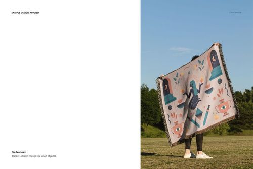 Jacquard fringed woven throw blanket mockup displayed outside, featuring geometric shapes and vibrant colors.
