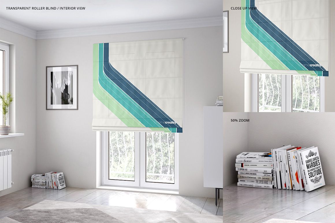 PSD mockup of Roman blind featuring striped design, displayed in a minimalist space with framed artwork and books.