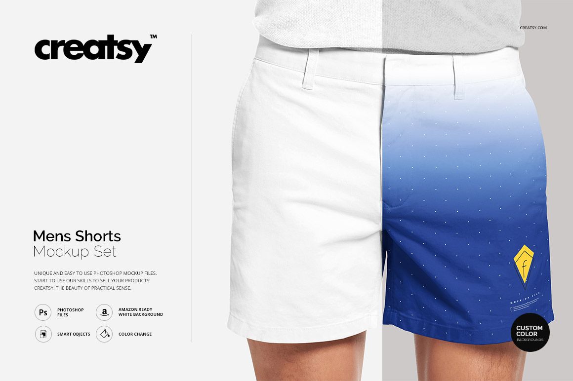Front view of men's shorts mockup showing one side in solid white and the other in blue gradient with small dots and a yellow emblem.