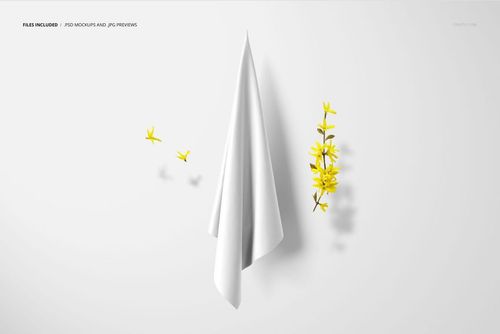 White silk scarf mockup hanging vertically, shown from the front, with yellow floral accents on a light surface.