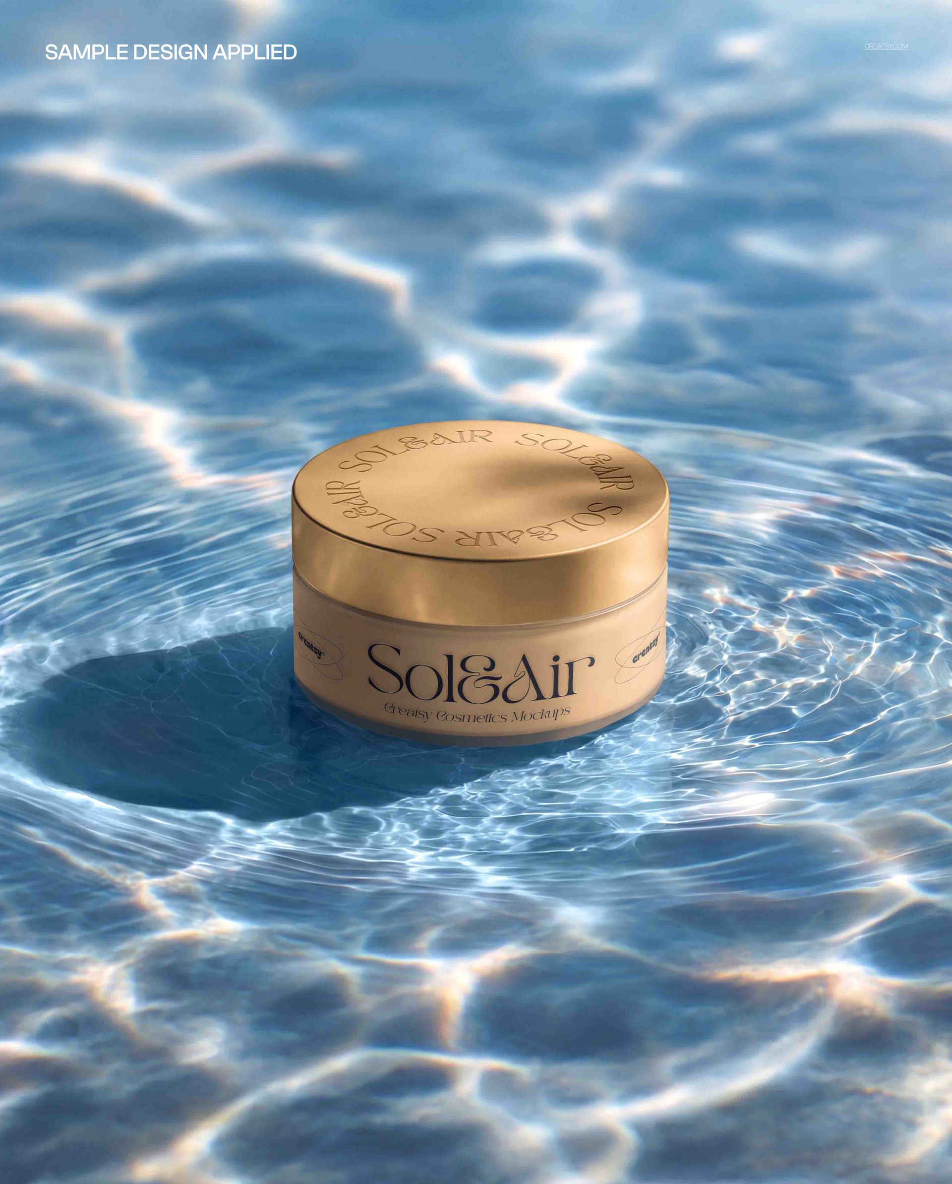 Beige cosmetic jar mockup resting in clear blue water, top-down perspective with sunlight creating wavy patterns.