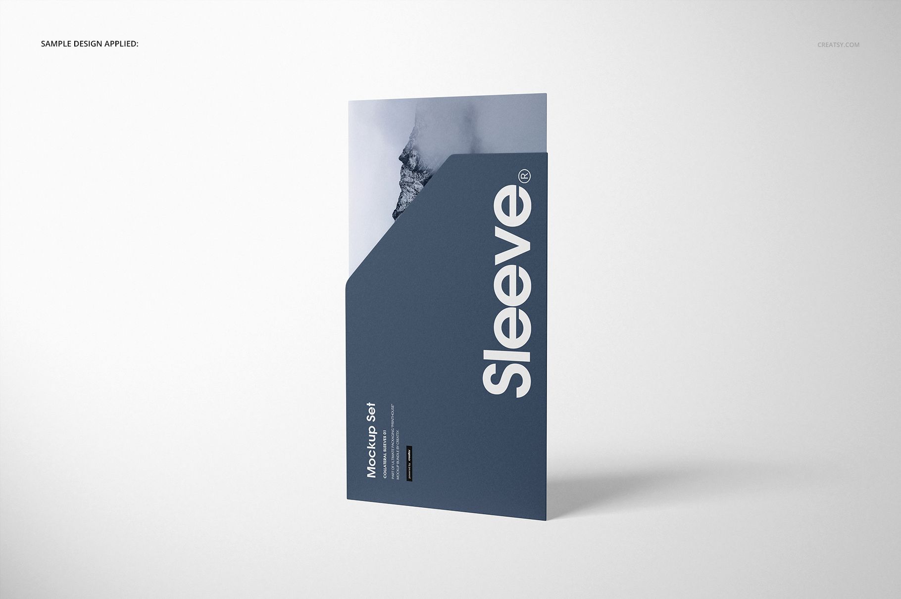 Front view of a stationery sleeve mockup standing upright on a white background, featuring a blue and gray design.