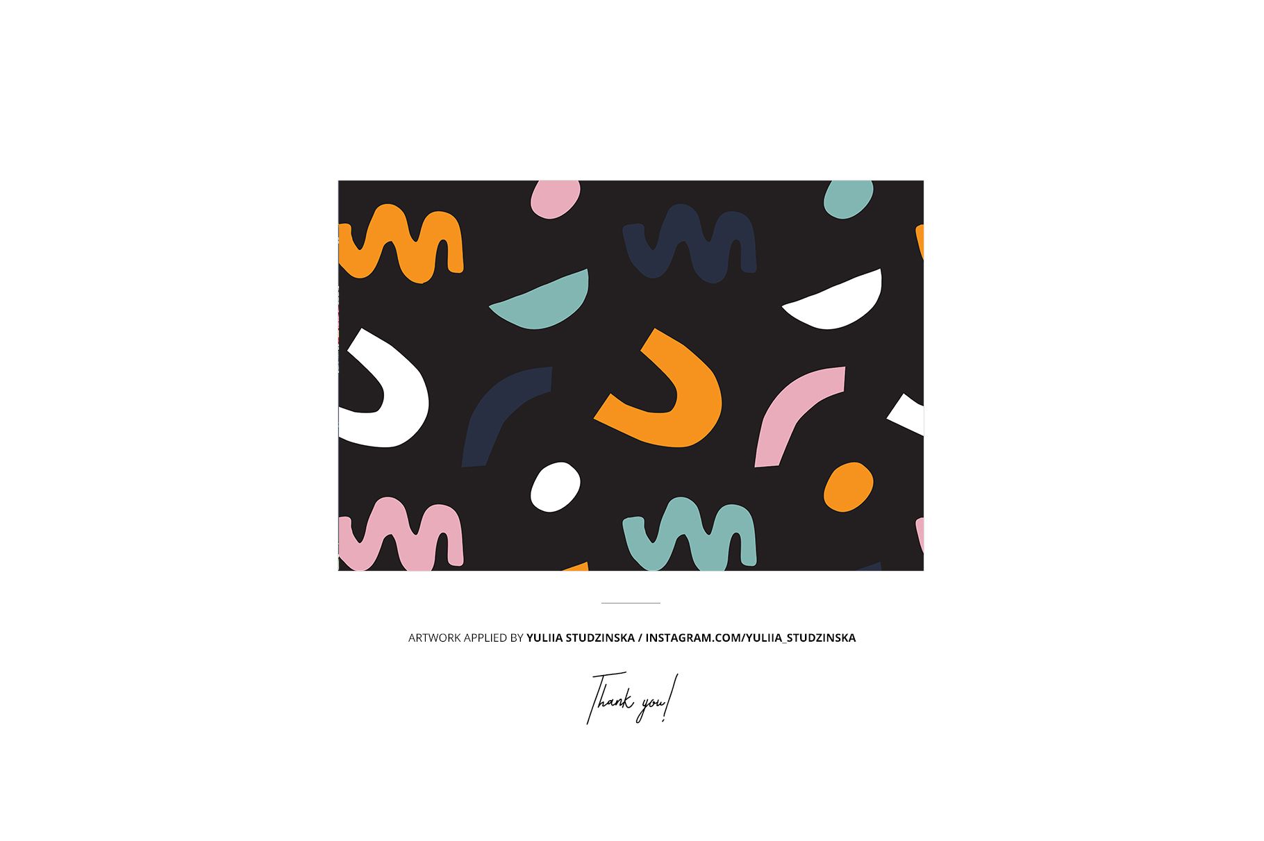 Rectangular mockup featuring a bold abstract pattern with colorful curved shapes on a black background, front view.