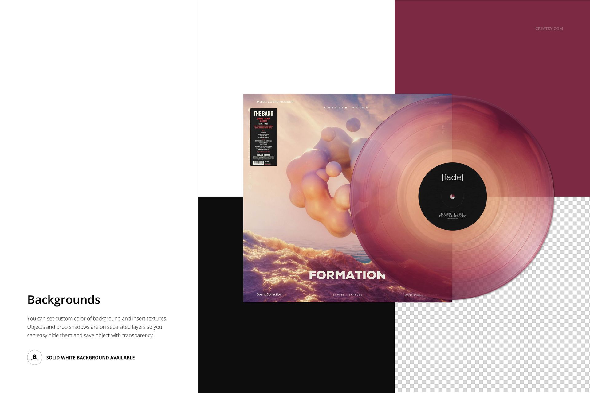 Vinyl record and square cover mockup with fade effect, shown from a top view on a split-color background.