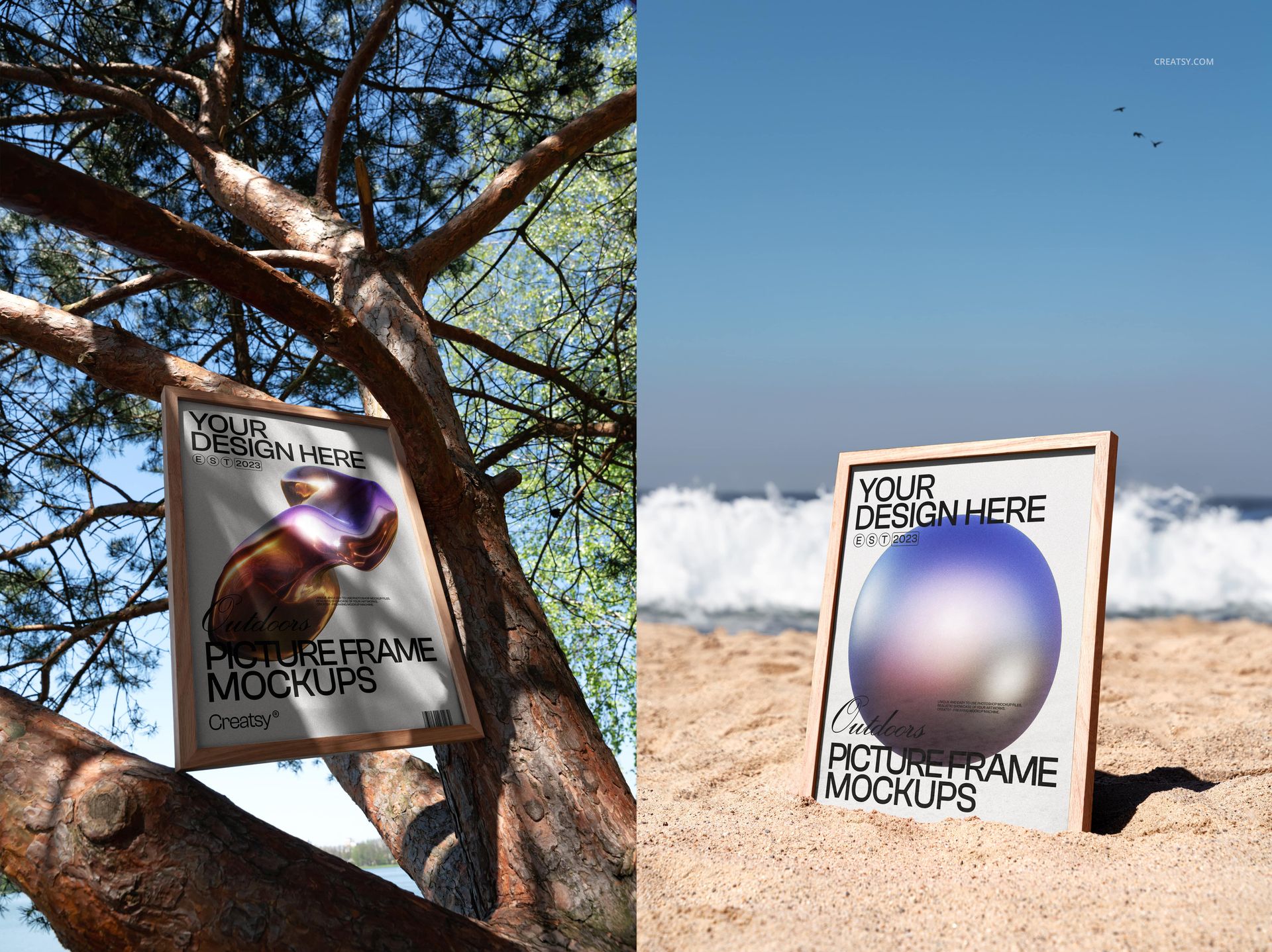 Outdoor PSD mockup of picture frames, one attached to a tree trunk and another placed upright on a beach with ocean waves.