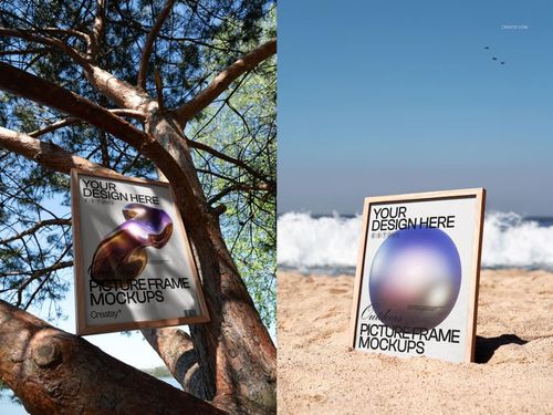 Outdoor PSD mockup of picture frames, one attached to a tree trunk and another placed upright on a beach with ocean waves.